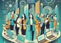DALL·E 2025 01 09 16.12.34 A modern and visually appealing graphic featuring a diverse group of confident women entrepreneurs standing together with laptops and products symbol
