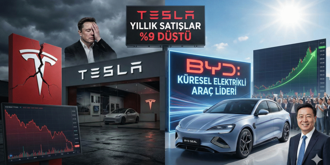 Tesla’nın yıllık satışları %9 düştü: Küresel elektrikli araç liderliği BYD’ye geçti