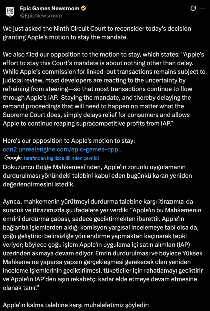 Apple - Epic Games Açıklaması